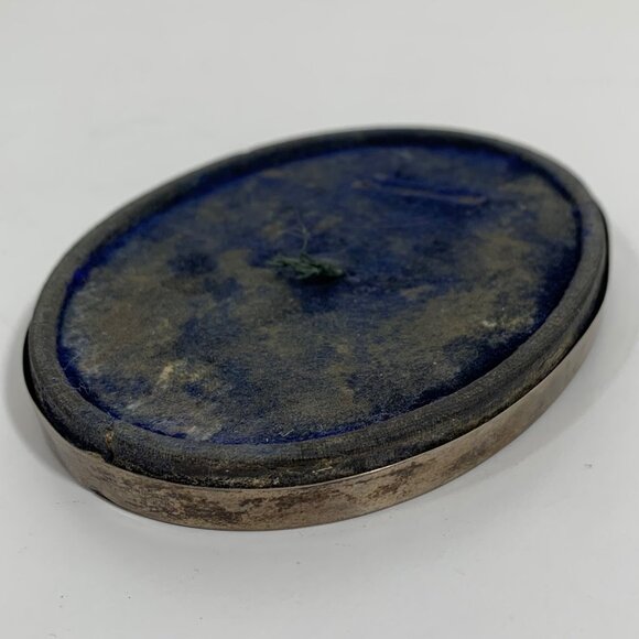 Antique Oval Metal Frame Sepia Chubby Cheek Baby Portrait Blue Velvet Backing - Picture 4 of 4